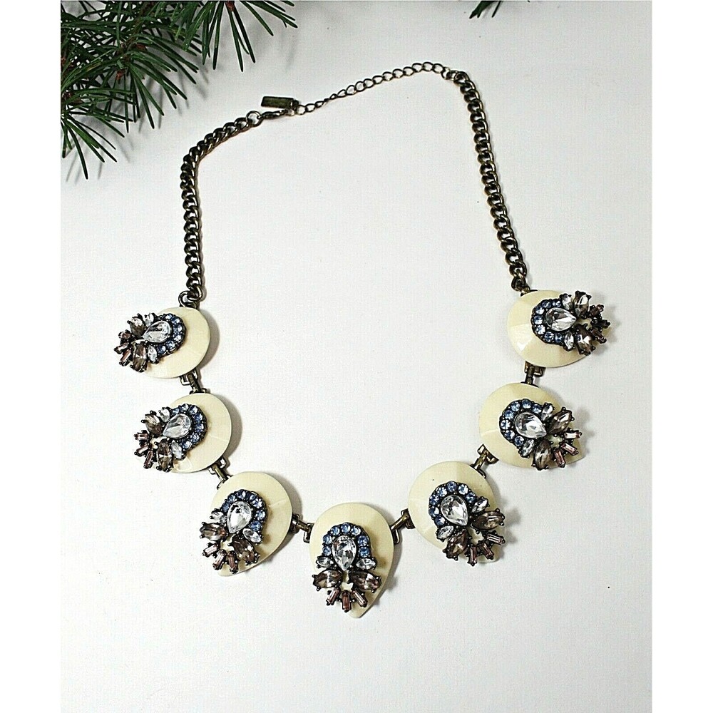 BAUBLEBAR Statment Necklace Brass Tone Chains Cream Lucite Links "Rhinestones"